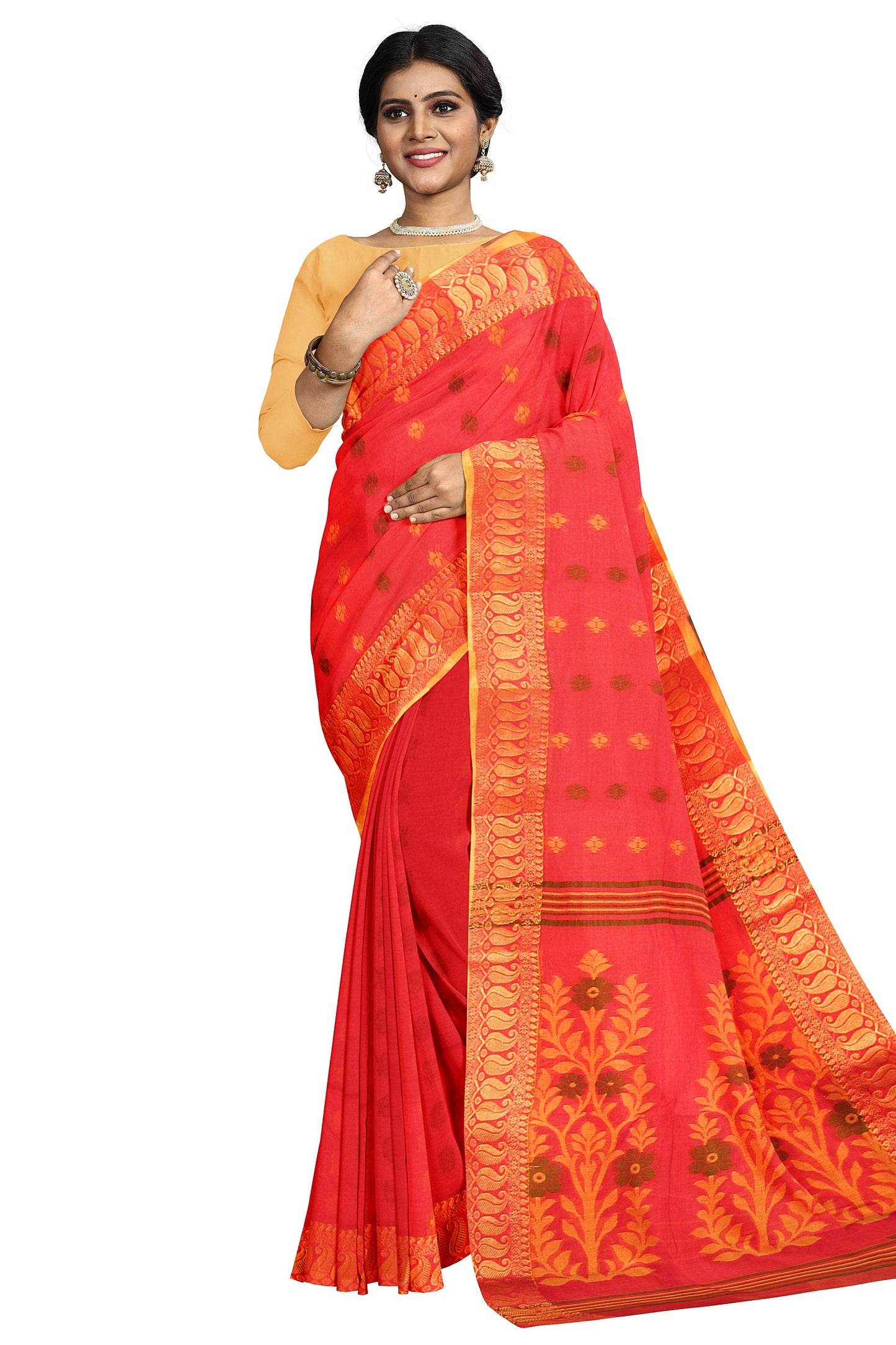 The red cotton Benarasi saree