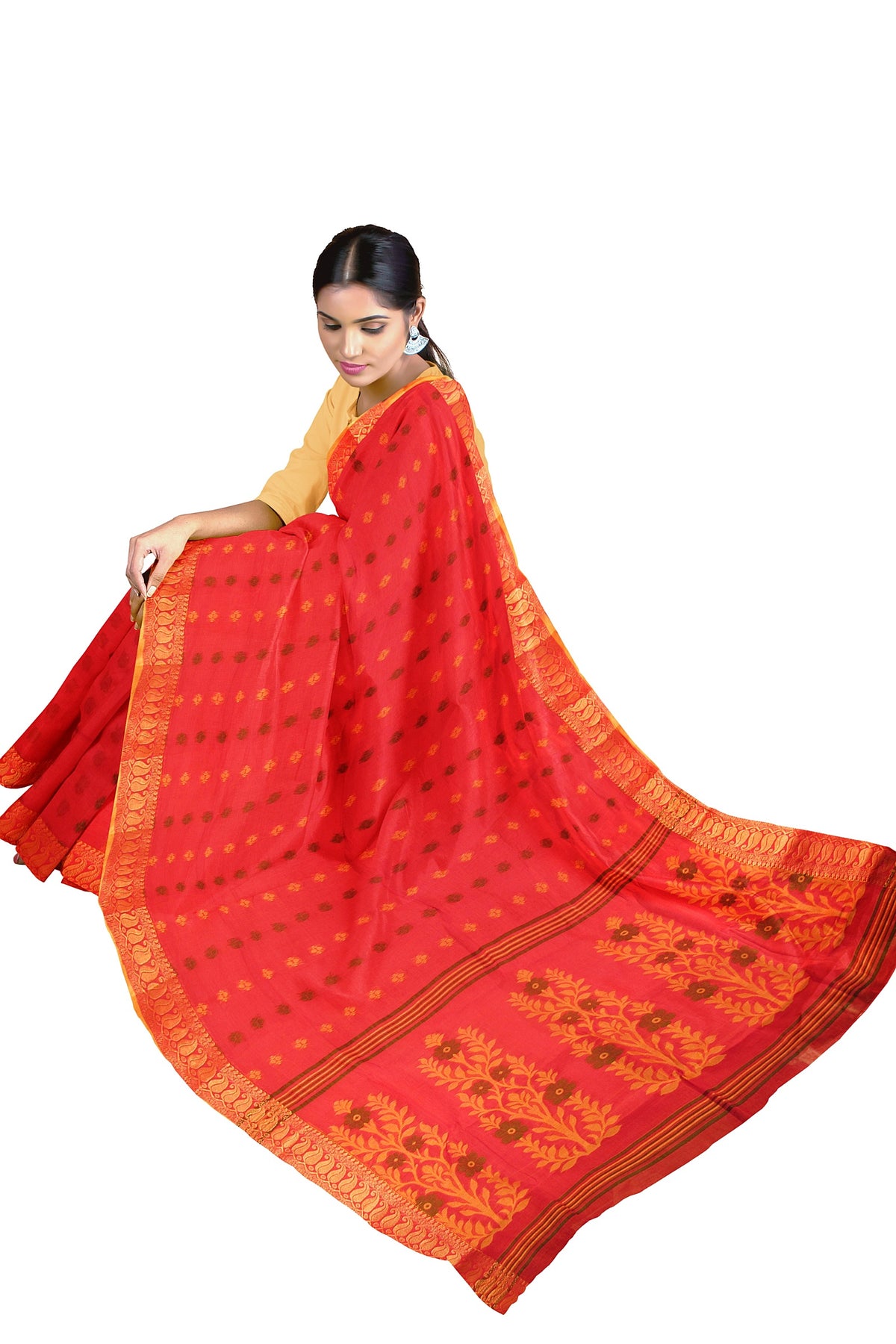 The red cotton Benarasi saree