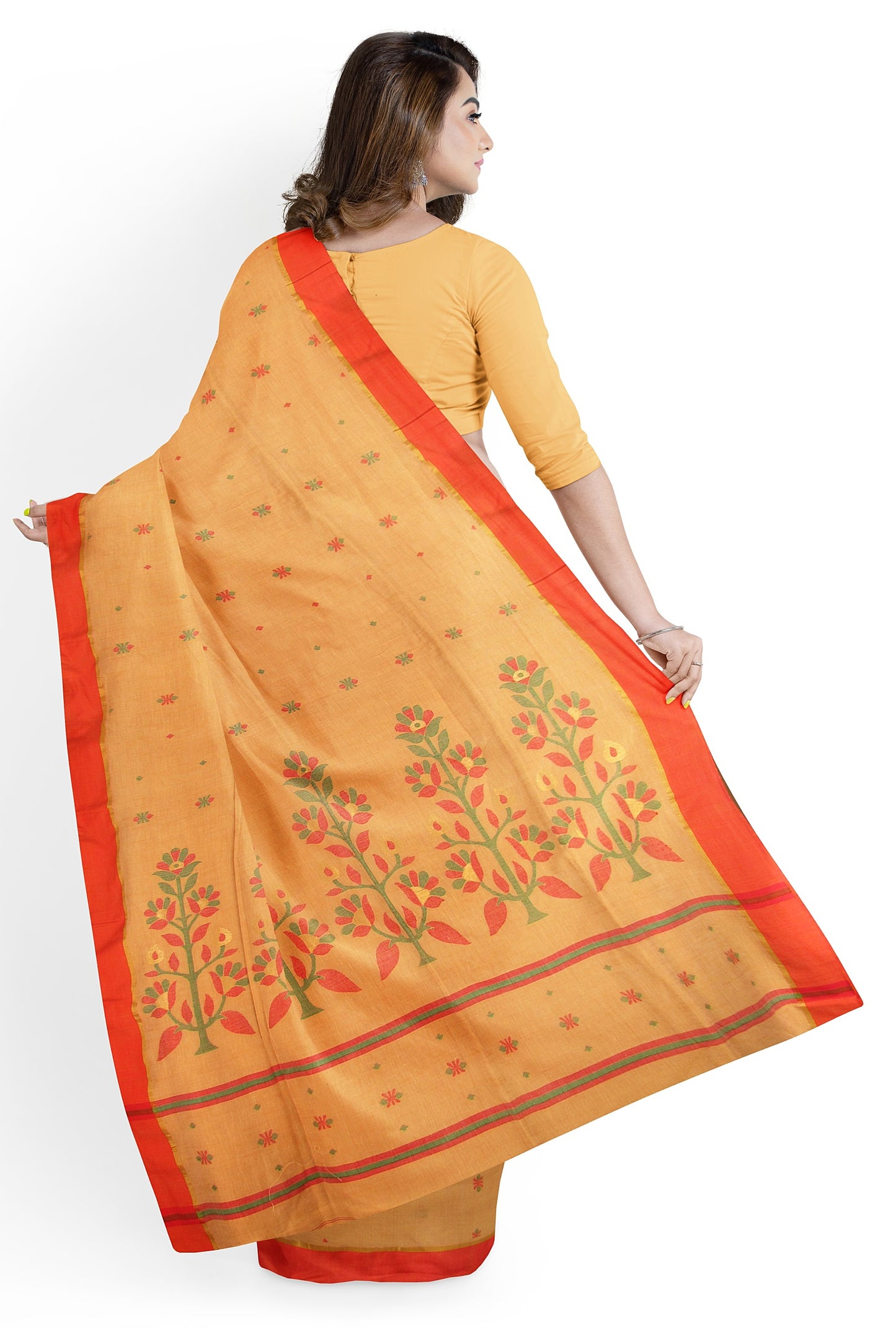 A cream and orange base handloom saree