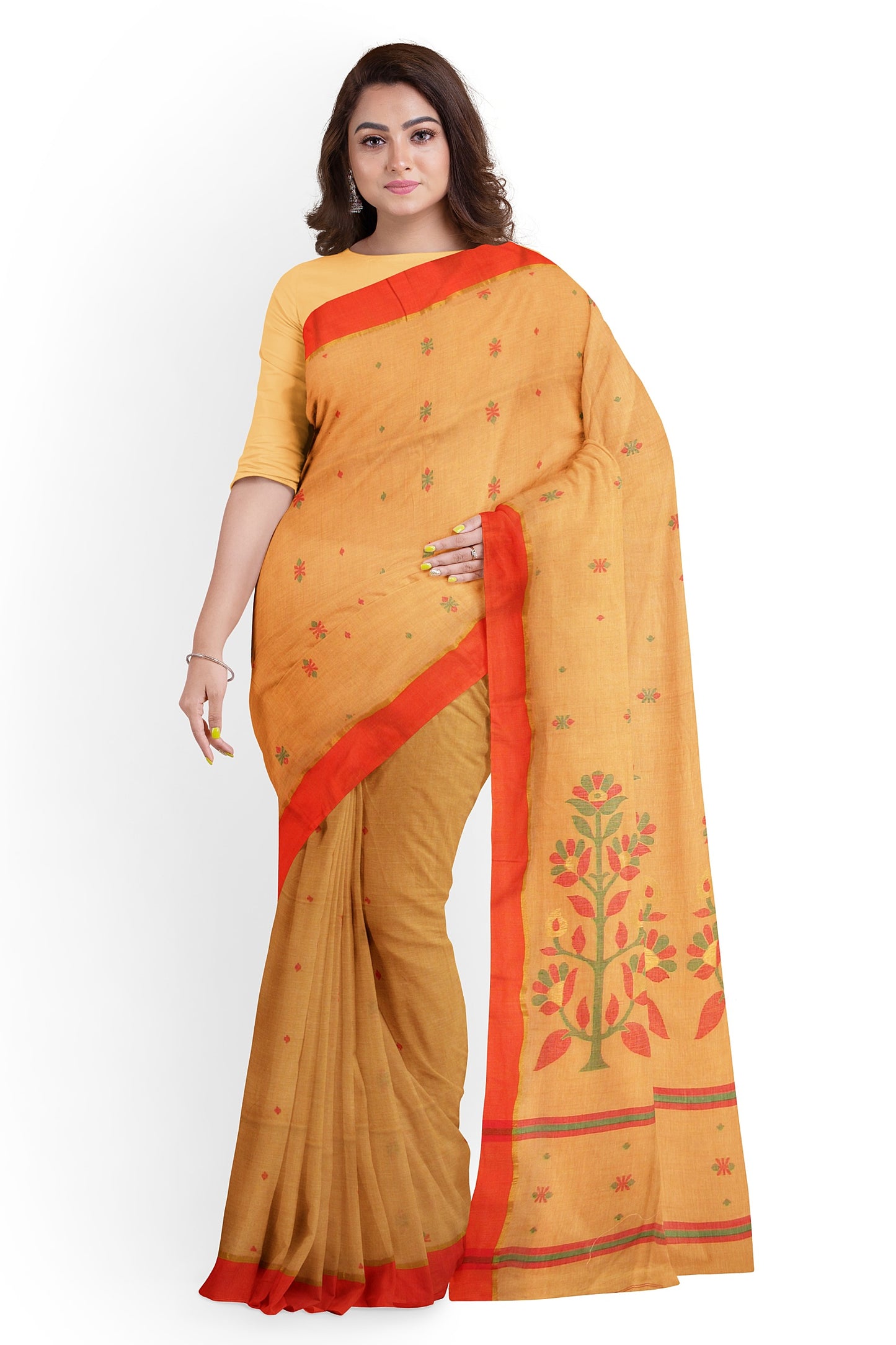 A cream and orange base handloom saree
