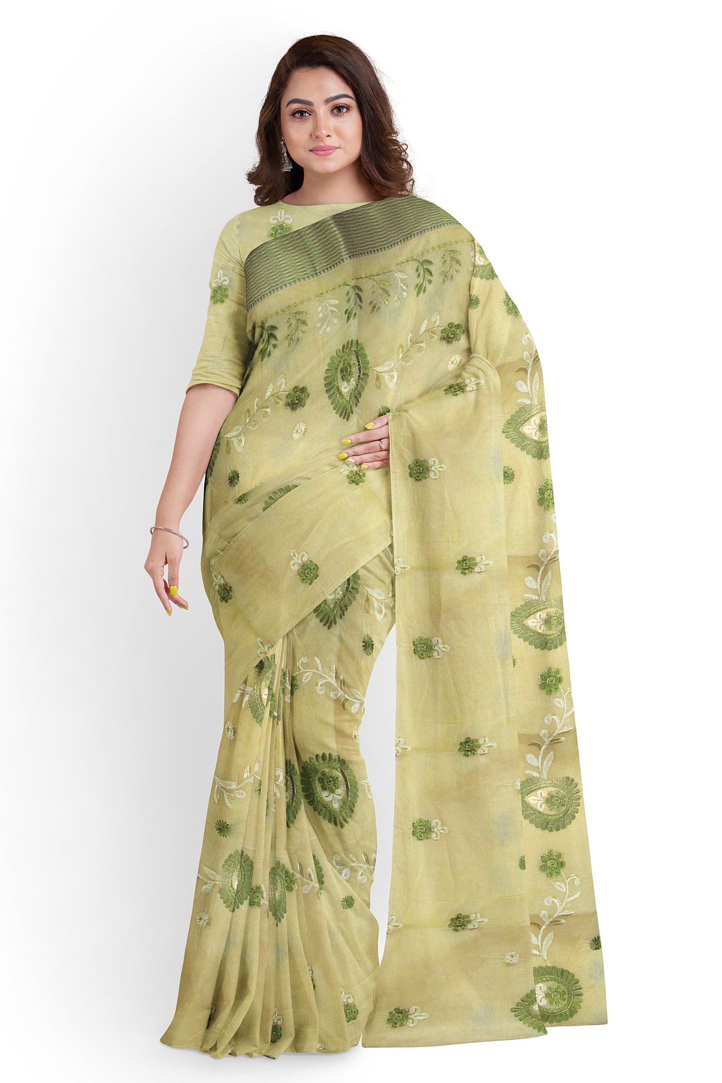 A designer embroidered saree on a cotton base