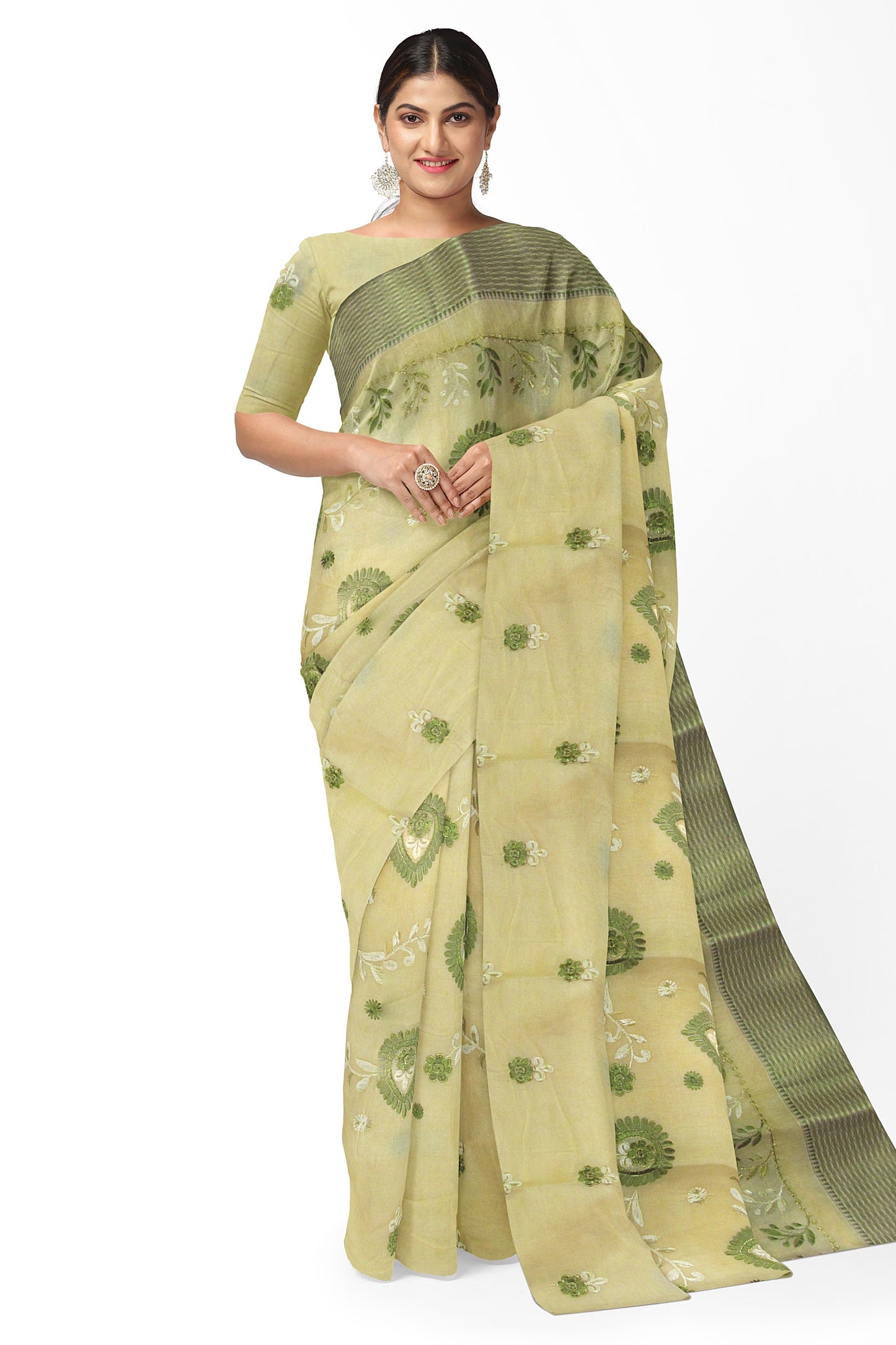 A designer embroidered saree on a cotton base