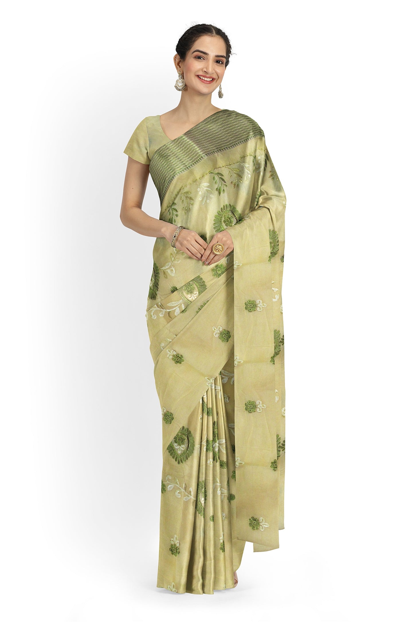 A designer embroidered saree on a cotton base