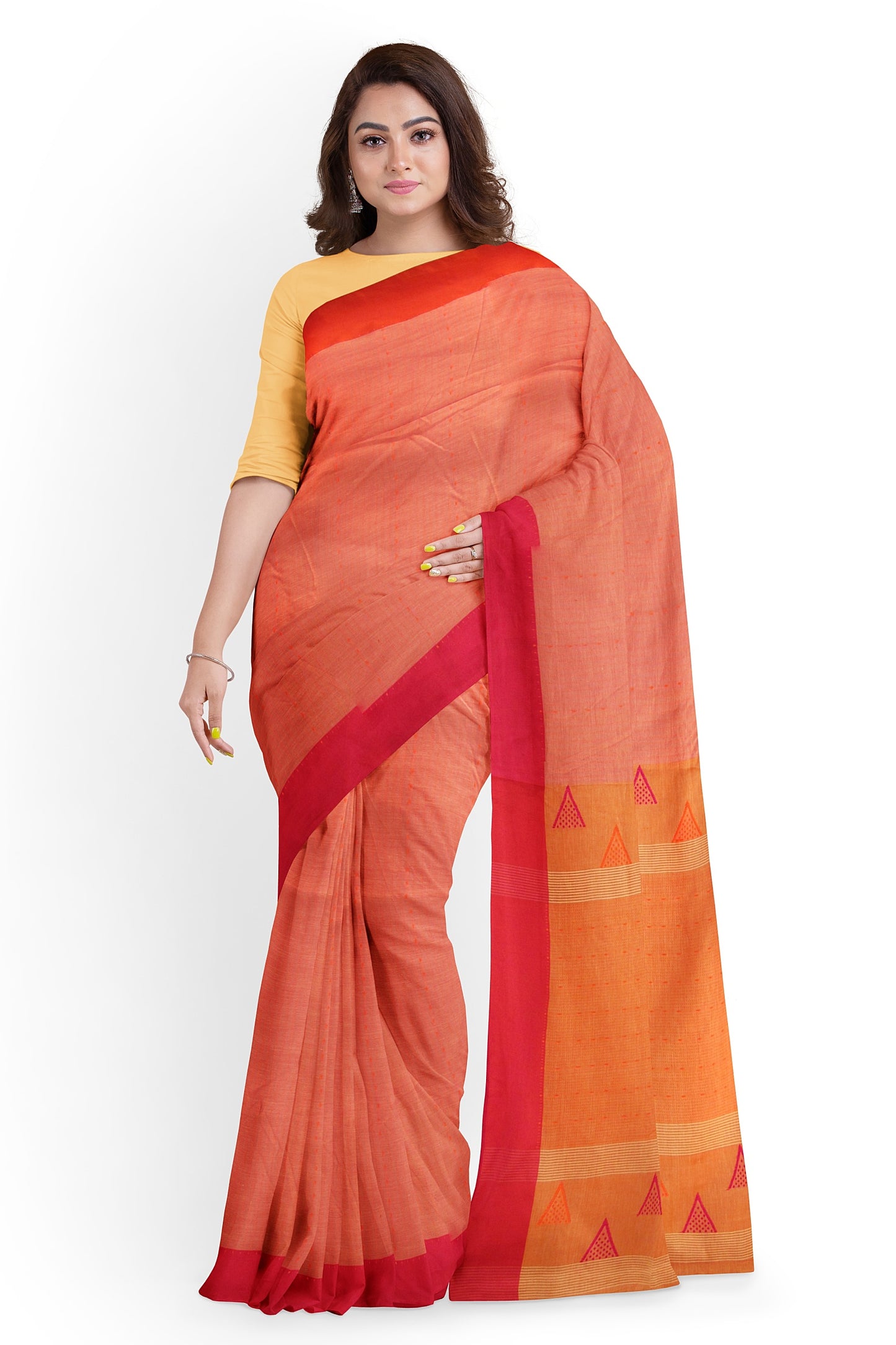 A red orange and pink saree