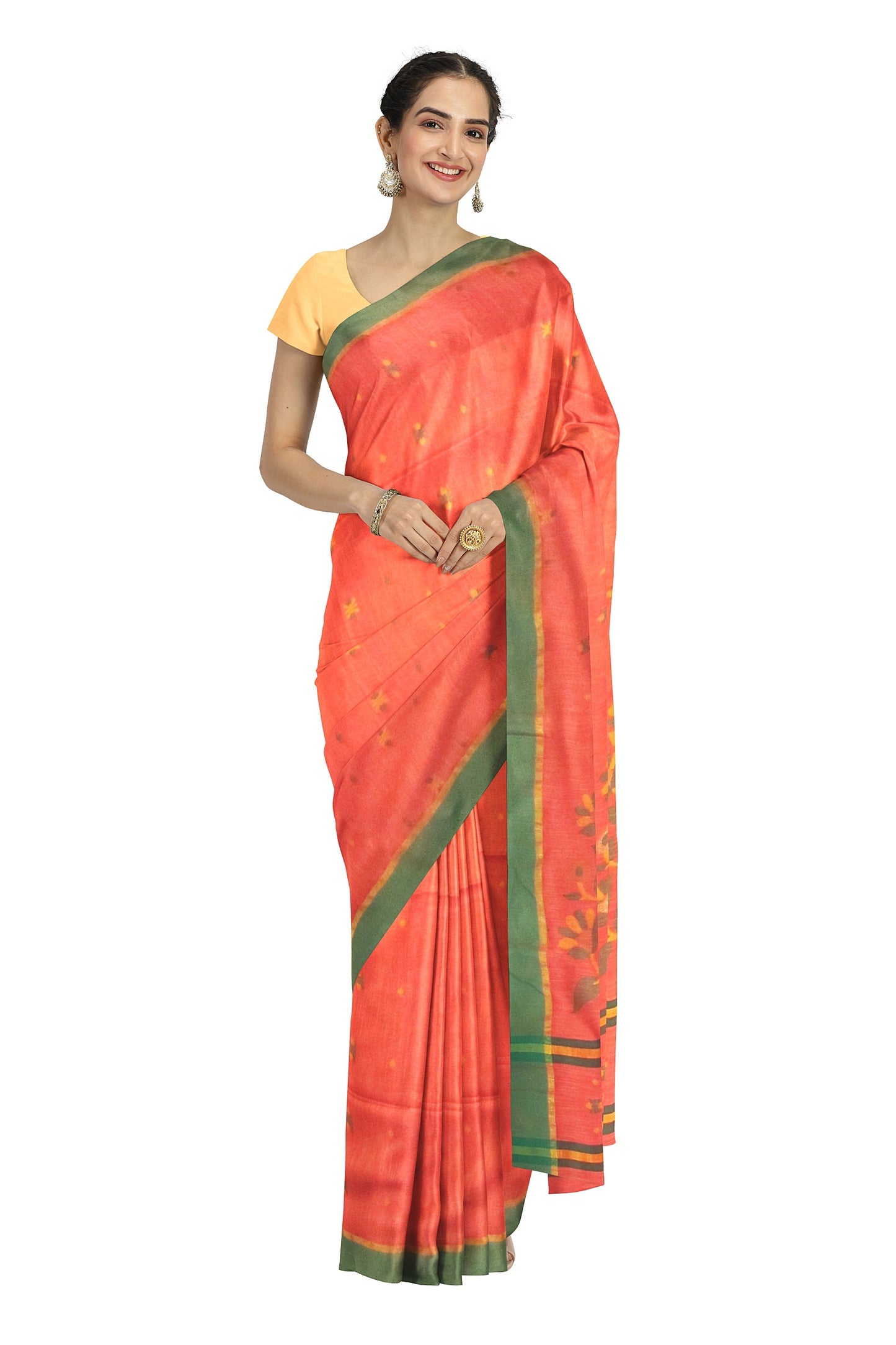 A fine peach and orange colored saree on a cotton base