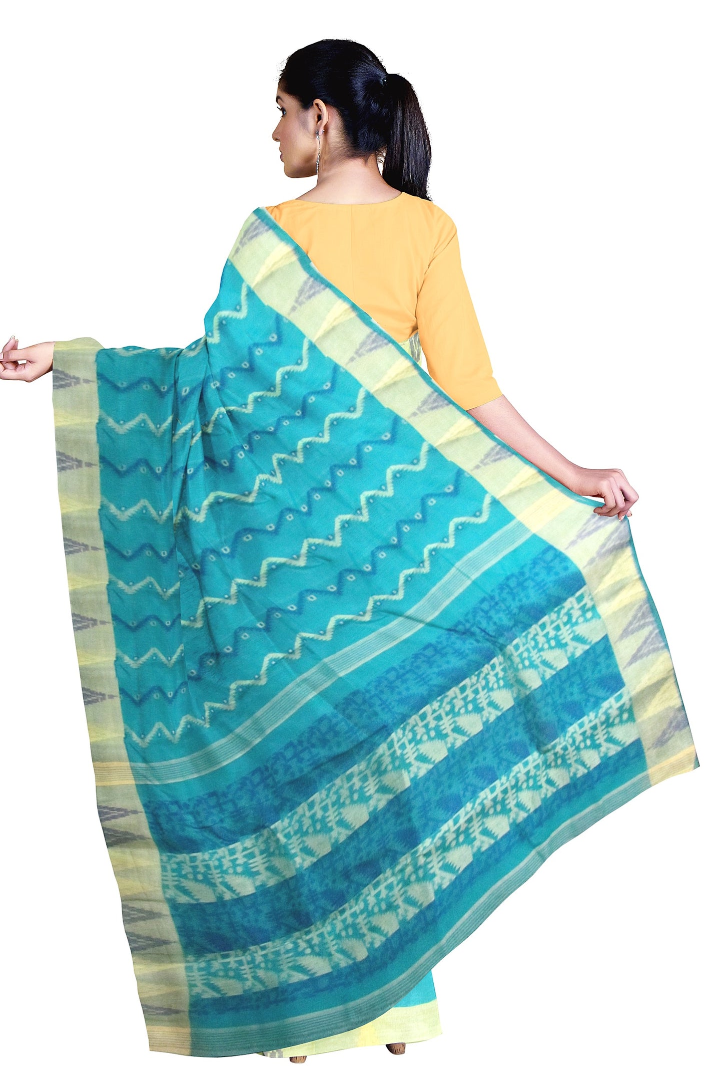 Handloom saree on a cyan base in cotton