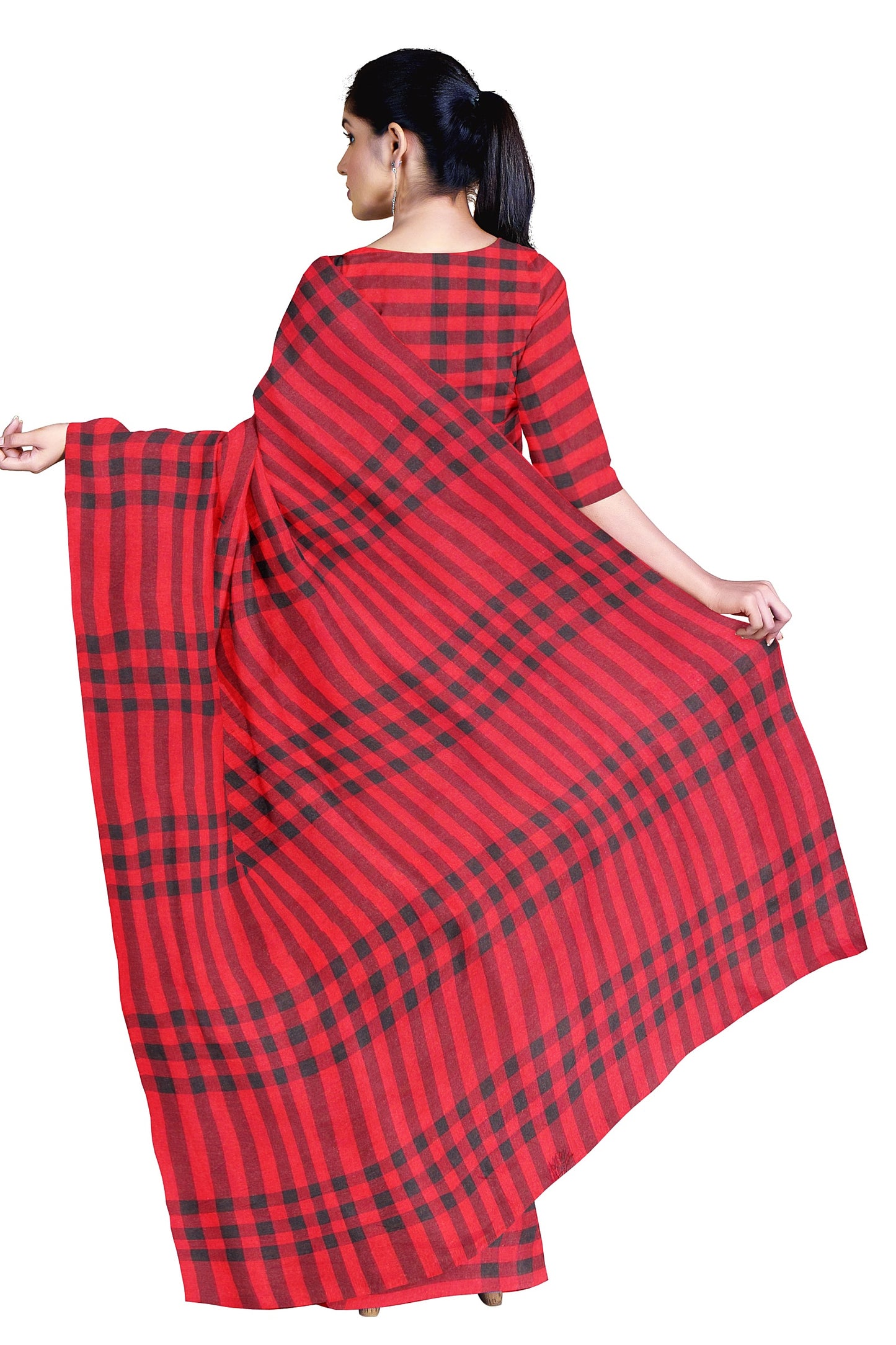 A red and black stripe handloom saree