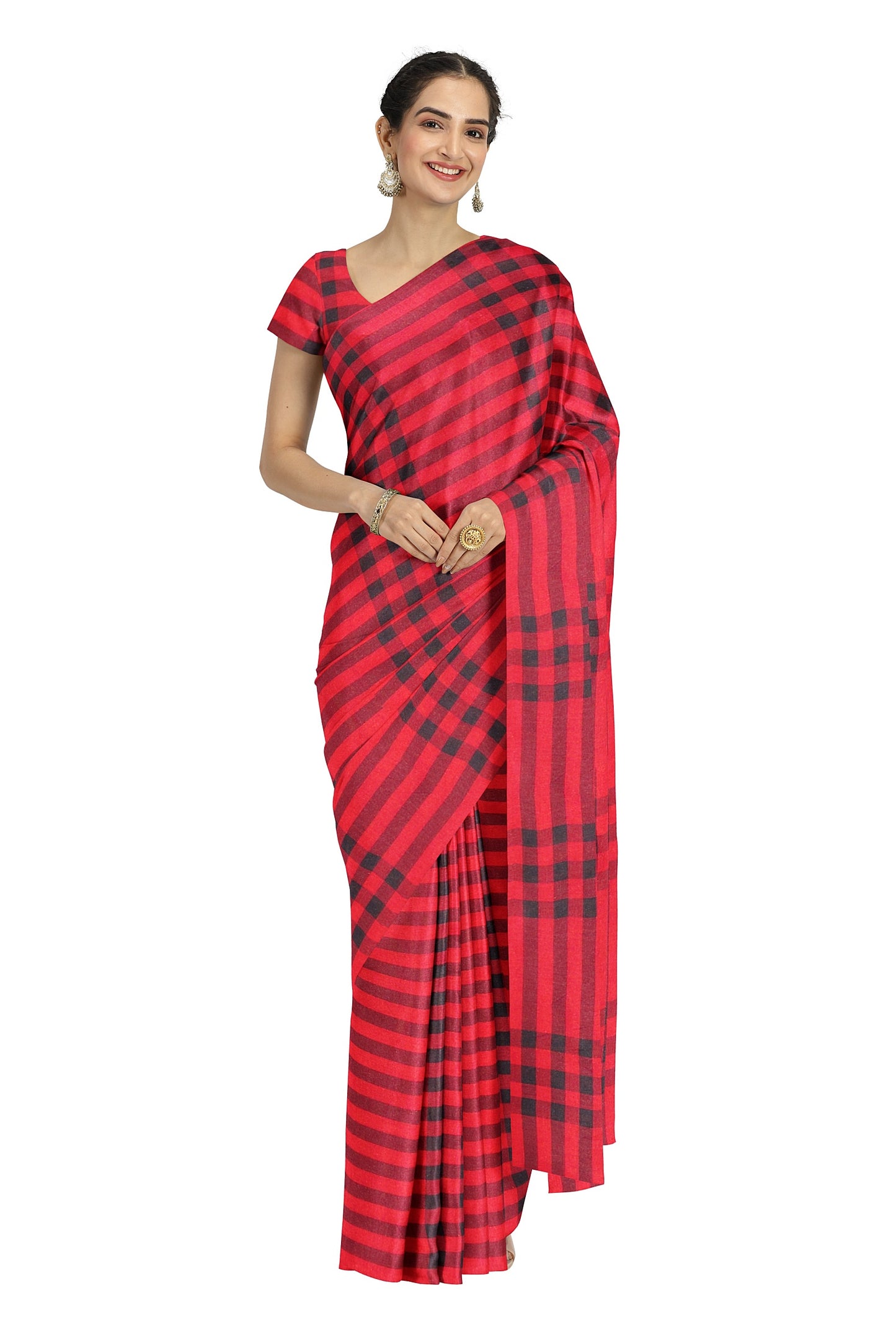 A red and black stripe handloom saree