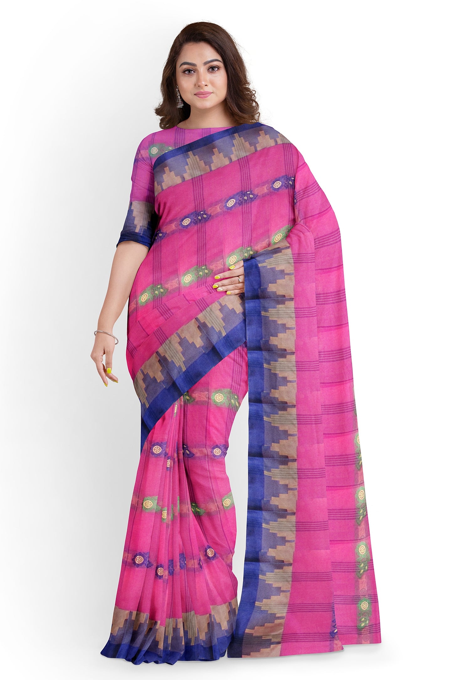 A pink and blue tant saree