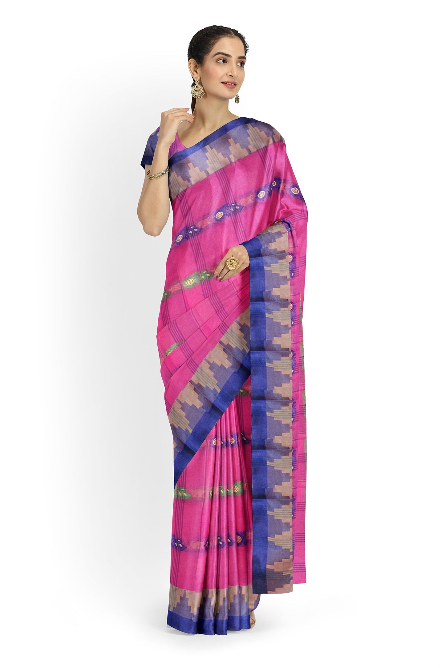 A pink and blue tant saree
