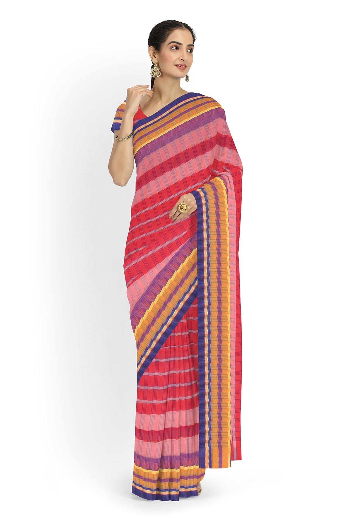 The red, pink and blue tant saree