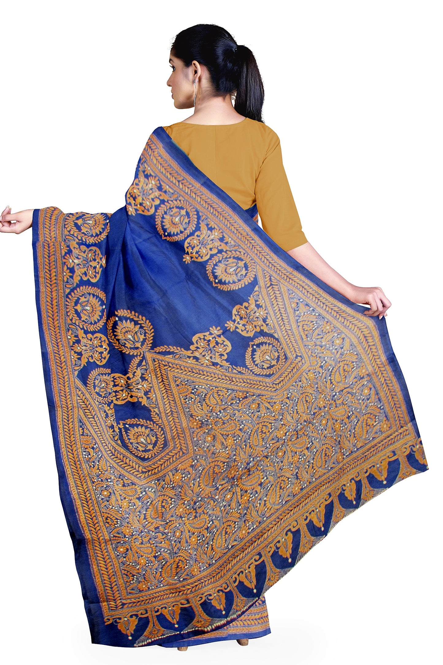 A fine Kantha stitch silk saree on a blue base