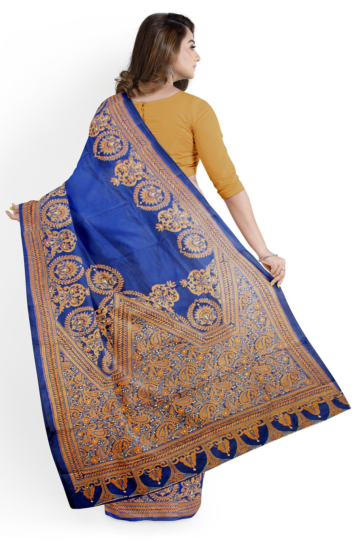 A fine Kantha stitch silk saree on a blue base