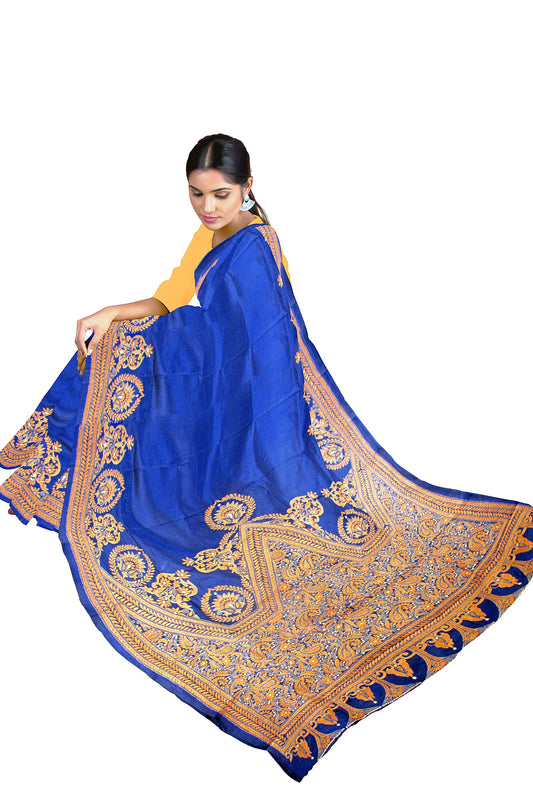 A fine Kantha stitch silk saree on a blue base