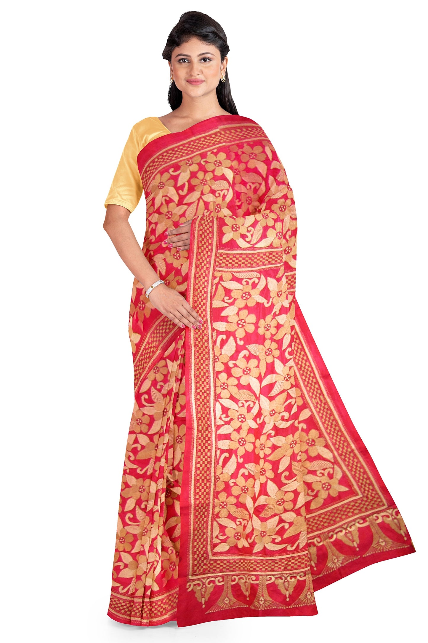Kantha stitched silk saree