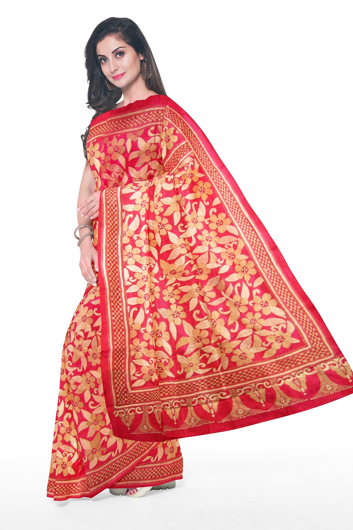 Kantha stitched silk saree