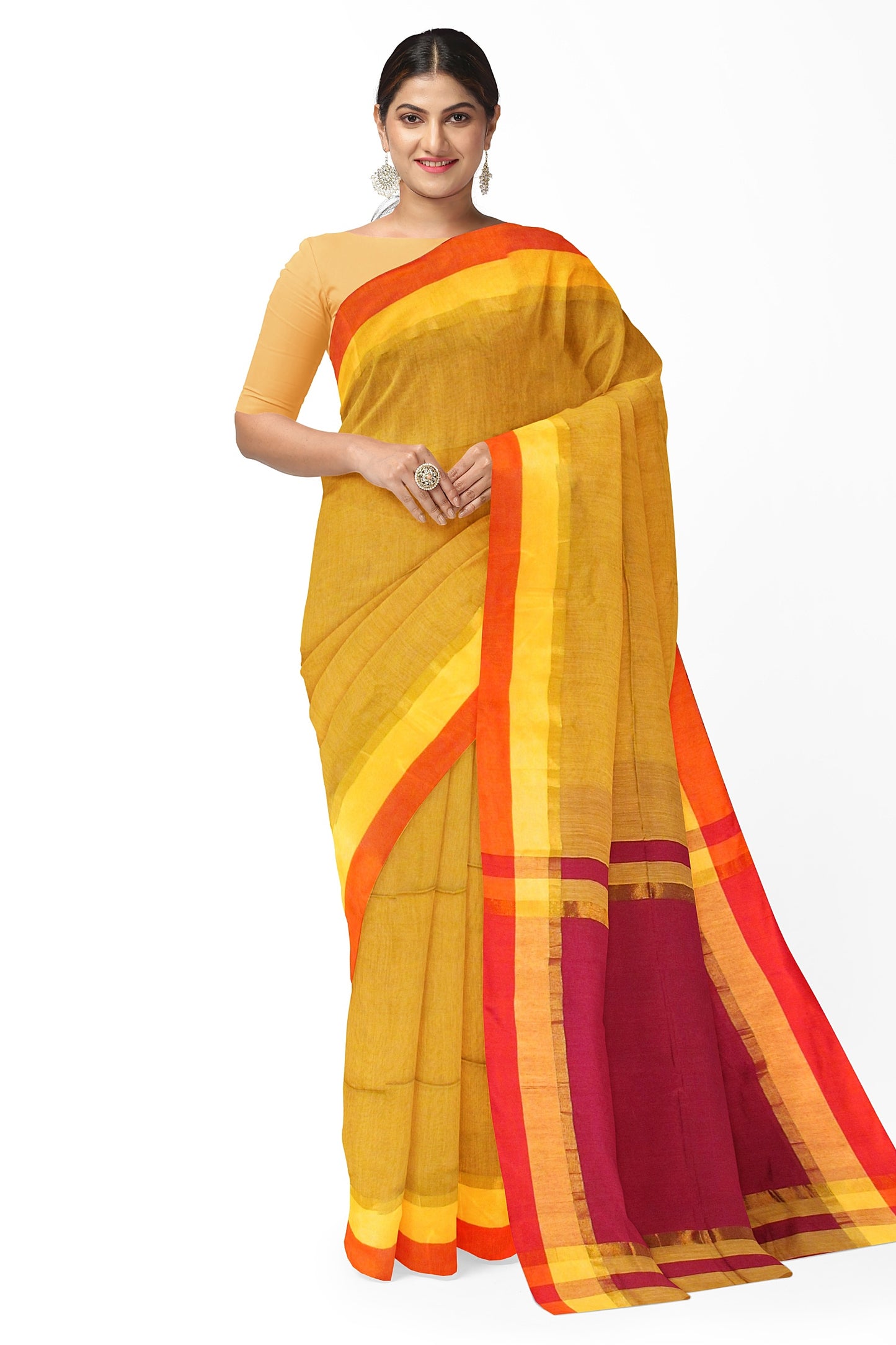 Gold and maroon colored silk saree