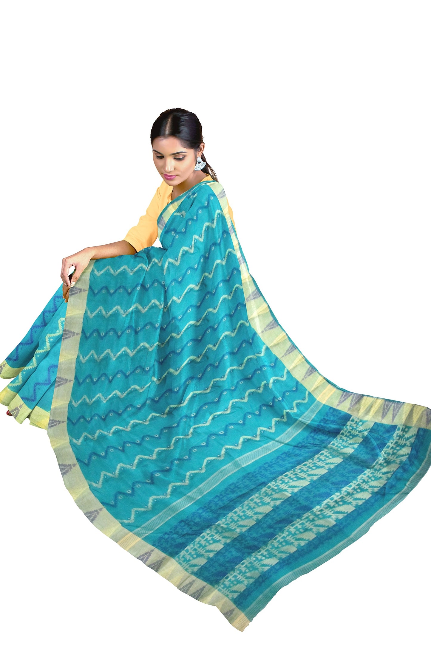 Handloom saree on a cyan base in cotton