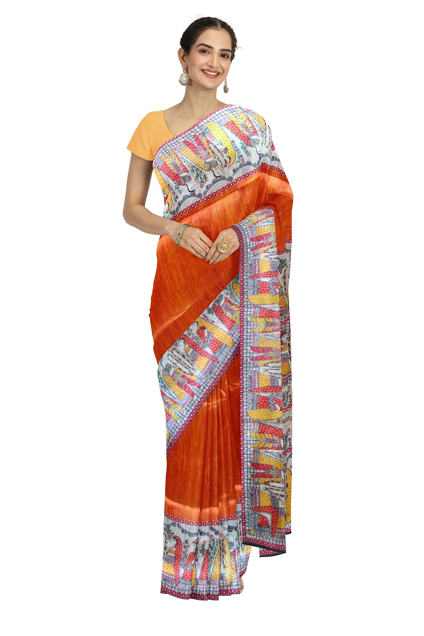 Madhubani print saree on an orange base