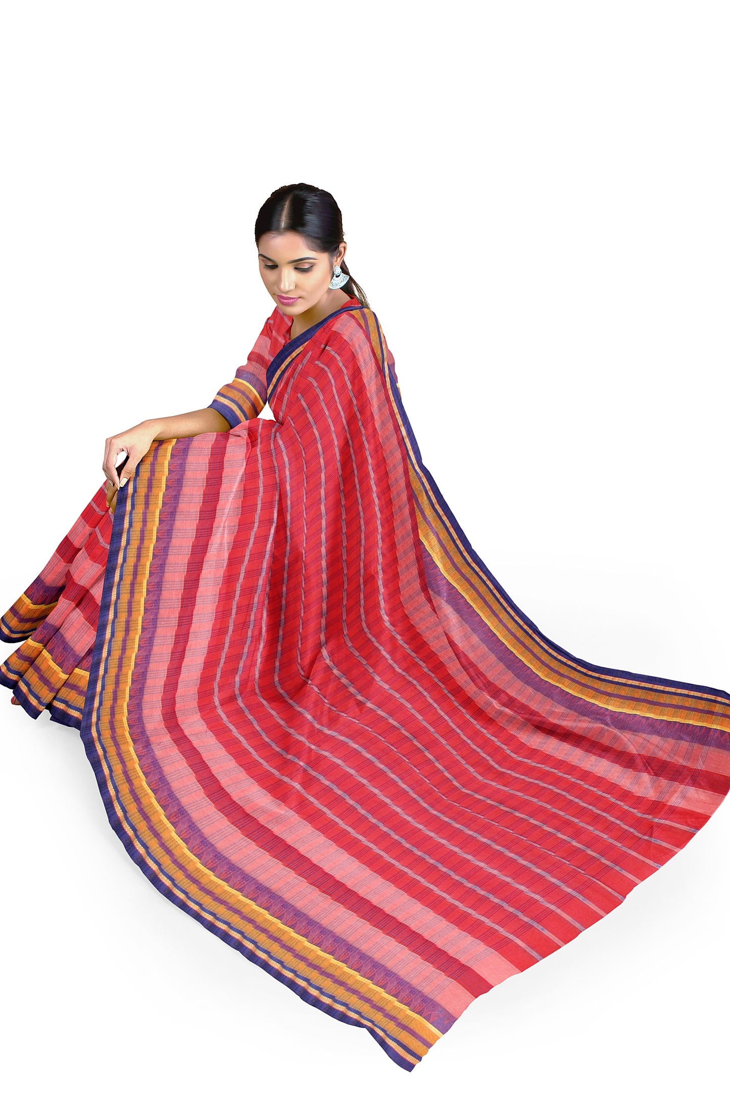 The red, pink and blue tant saree