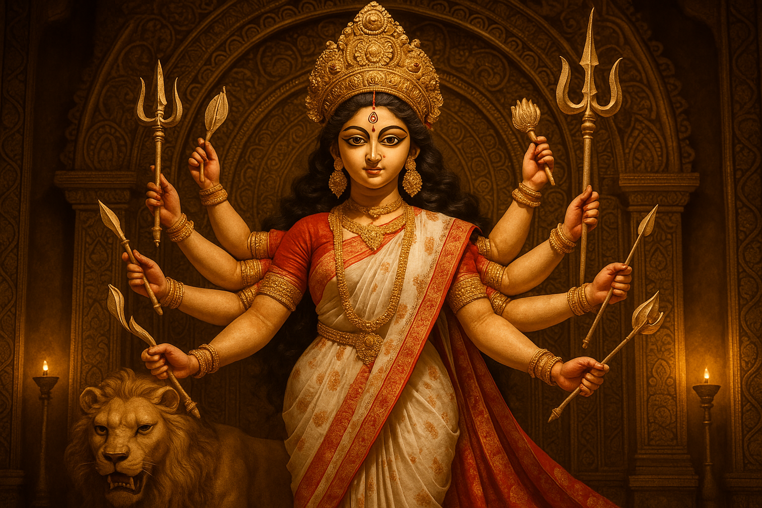an you generate an image of goddess Durga as found in the pandals of kolkata?