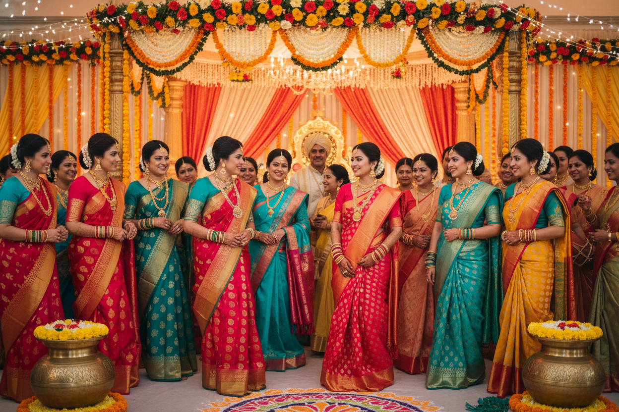 create a picture of an indian wedding depicting women wearing sarees